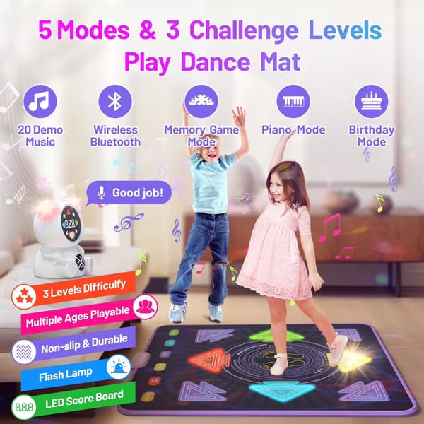 Dansematteleker for barn 3-12 år, trådløs Bluetooth lysende musikkdansepute, gaver til gutter og jenter