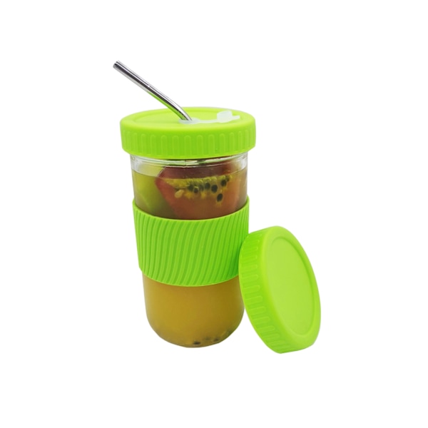 1 set Vattenkopp Miljövänlig med lock Glas Smoothie Te-halmflaska för kontorsgrön