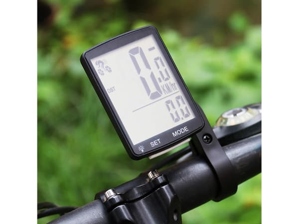 Sort trådløs cykelcomputer med display, vandtæt speedometer og kilometertæller.