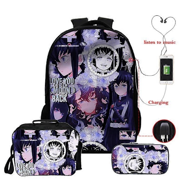 Anime Demon Slayer Muichiro Tokito Reppu Teini-ikäisille Pojille Tytöille Koululaukut Manga Reppu Usb 3kpl/settiä 16 Tuuman Kannettavan Tietokoneen Reput 0muichiro168