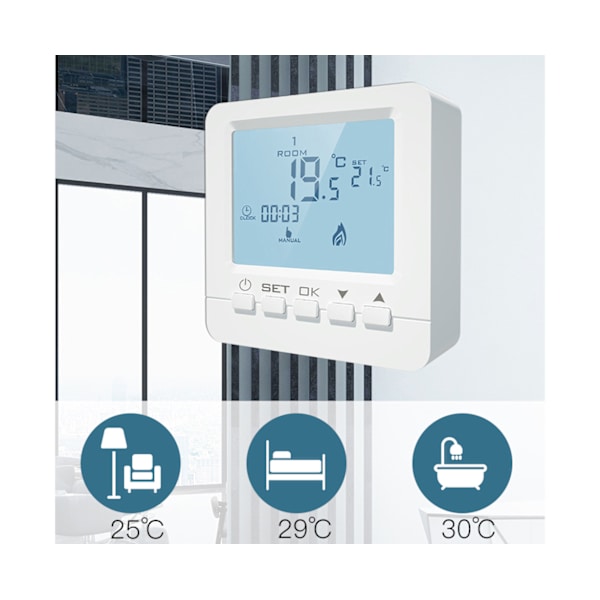 LCD-skärm Programmerbar Väggmonterad Gaspanna Termostat Temperaturregulator - Vit