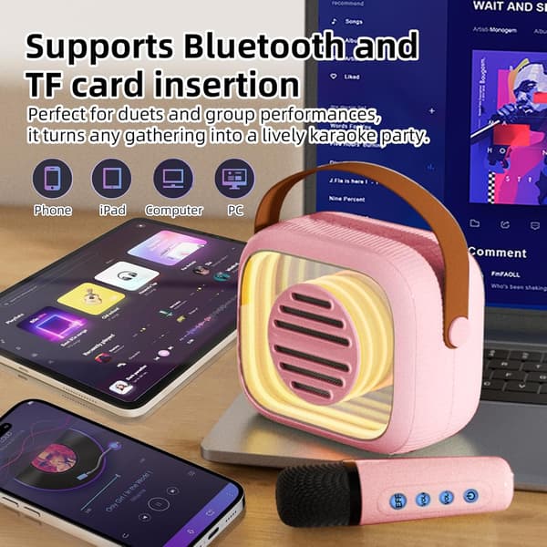 Kannettava minikaraokelaite Bluetooth-kaiuttimella ja 2 langattomalla mikrofonilla, musta