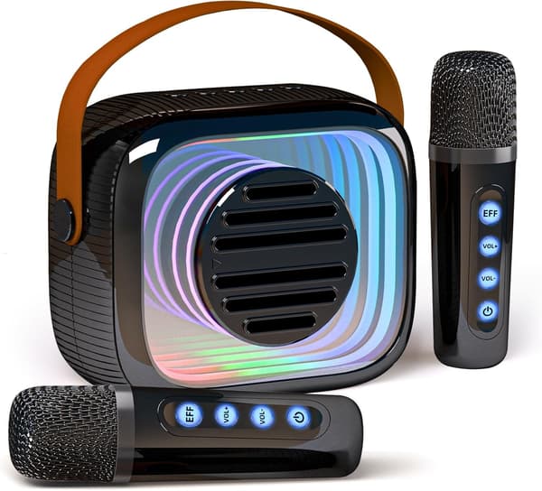 Kannettava minikaraokelaite Bluetooth-kaiuttimella ja 2 langattomalla mikrofonilla, musta