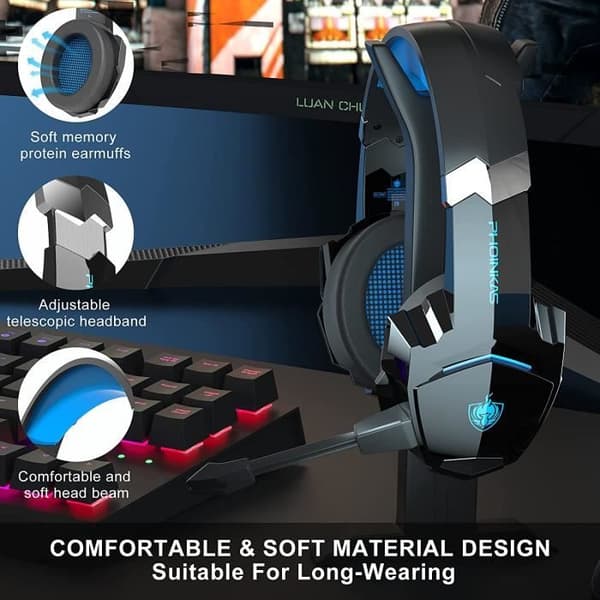 PS4 Kablet Headset, Kablet Gaming Headset med Støjreducerende Mikrofon, LED Trådløst Bluetooth Headset (Blå)