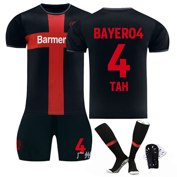 2425 Leverkusen hjemmebanetrøje nr. 34 Xhaka 10 Wirtz fodbolduniform - sæt - træningsdragt - nr. 4 + sokker + benskinner 18(100-110cm)