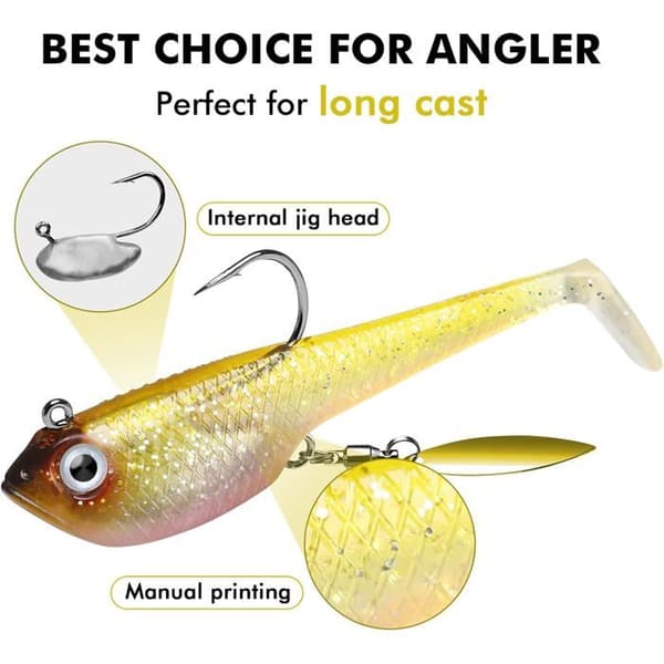 Færdigriggede bløde swimbaits med spinner til forskellige fiskeforhold