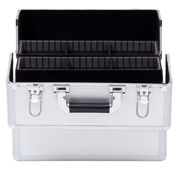 3-lags makeuptaske til kosmetik, sølv, aluminiumslegering, aflåselig, bærbar organizer