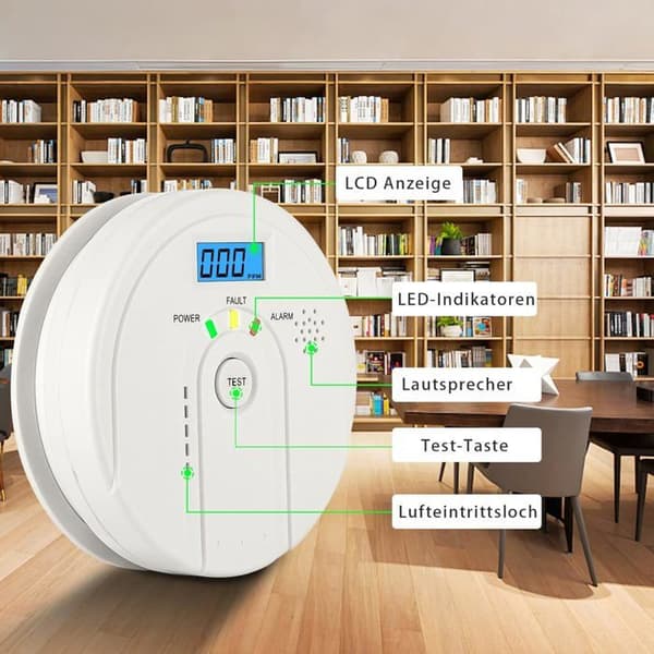 85 dB kolmonoxiddetektor med LCD-display, EN 50291, batteridriven, 3 AA-batterier ingår ej