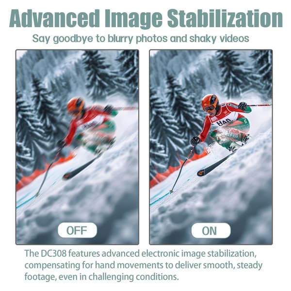 4K HD digitalkamera med front- og baglinse, stabilisering, sort Black