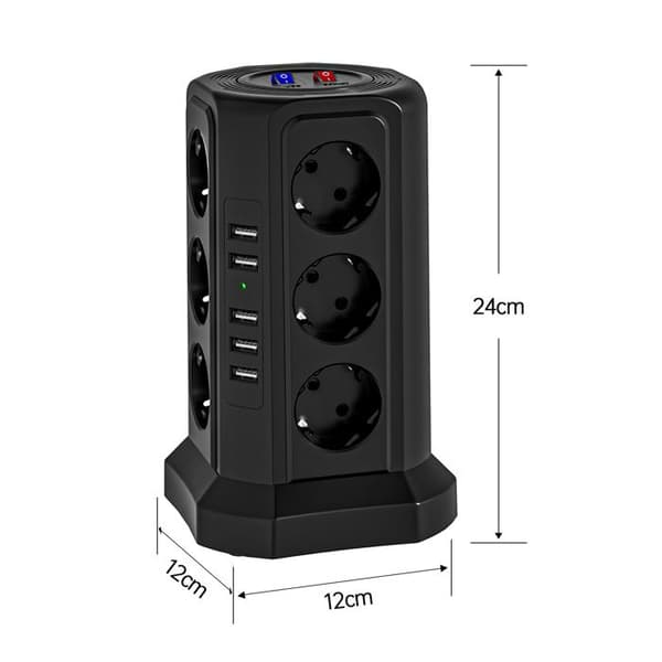 Strømuttakstårn med 12 stikkontakter, 2 USB-A- og 2 USB-C-porter, bryter og 1,5 m kabel, hvit