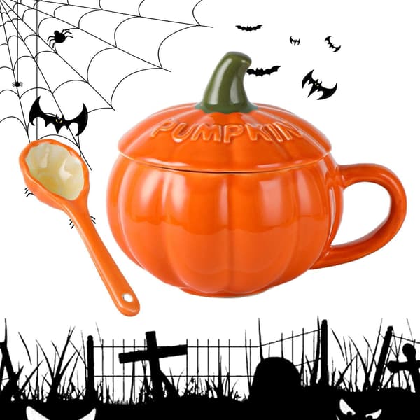Keramisk pumpamugg, 300 ml kaffemjölkskopp med lock och sked, Halloween