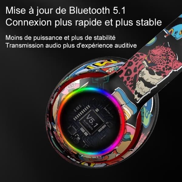 Graffiti hopfällbara trådlösa Bluetooth stereohörlurar med LED-ljus - Vit