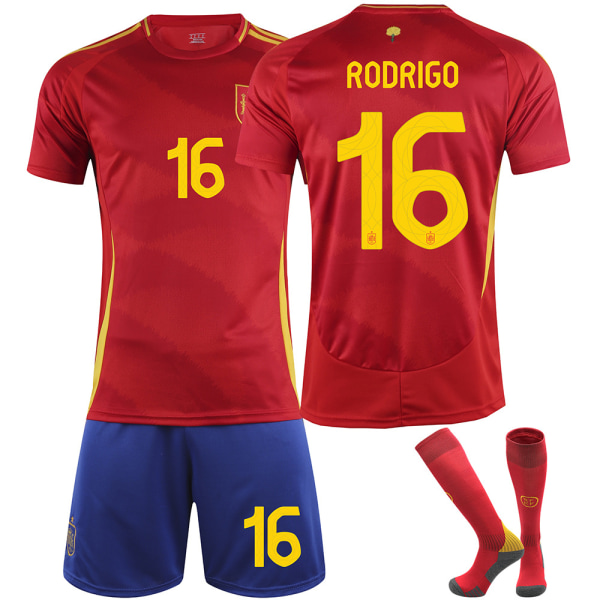 2024 Spanien EM-tröja nr 9 Gavi 26 Pedri 7 Morata 16 Rodri fotbollströja set - nr 16 med strumpor 20(110-120cm)