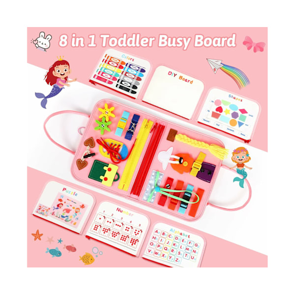 8 i 1 Småbarns Busy Board Montessori Leksak Busy Book för Småbarn 1-3 Pedagogisk Inlärningsleksak Aktivitet för Grundläggande Motoriska Färdigheter -Rosa