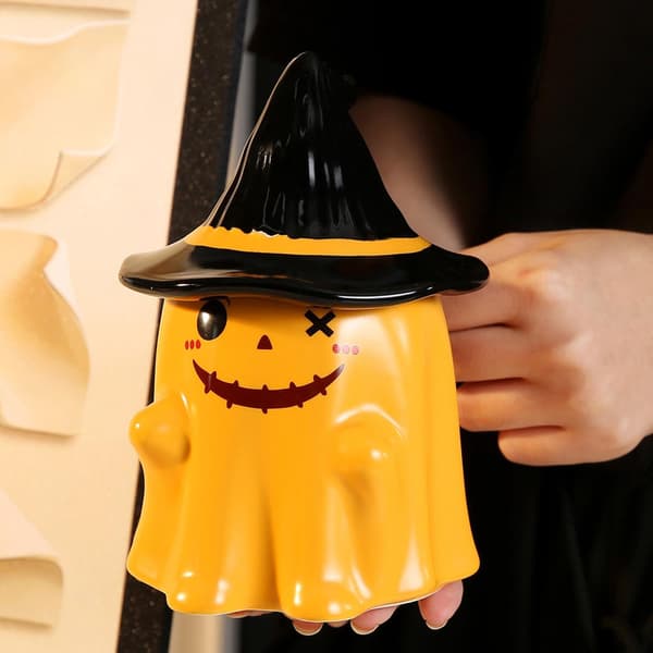 Halloween Spökmugg med lock, gul, keramik kaffekopp, stil 1