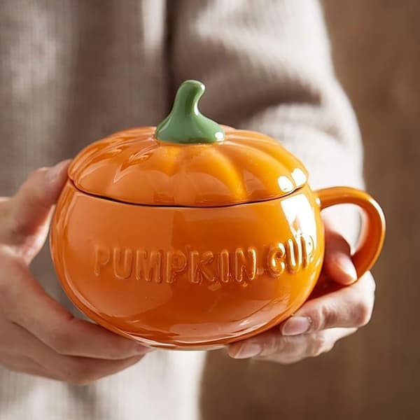 Keramisk pumpamugg med lock, liten höst Halloween kaffekopp, dekor