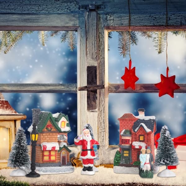 Julelandsby i harpiks med LED-lys, miniaturehuse, julepyntgave