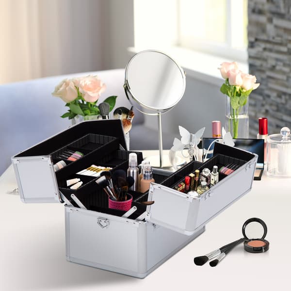 3-lags makeuptaske til kosmetik, sølv, aluminiumslegering, aflåselig, bærbar organizer