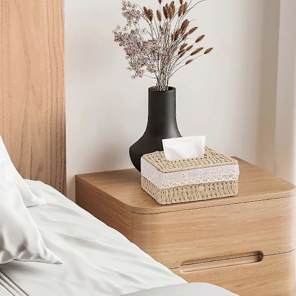 Pappersrep vävnadsbox, vävnadsbox med foder vävnadsdispenser, bohemisk dekorativ vävnadsbox förvaringslåda, 24x14x10cm beige