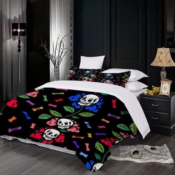 Påslakan med 3D-tryck, färgglada dödskallar och skelett, svart, lättskött polyester, 200x200 cm