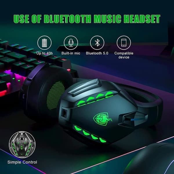 PS4 Kablet Headset, Kablet Gaming Headset med Støyreduserende Mikrofon, LED Trådløst Bluetooth Headset (Grønn)