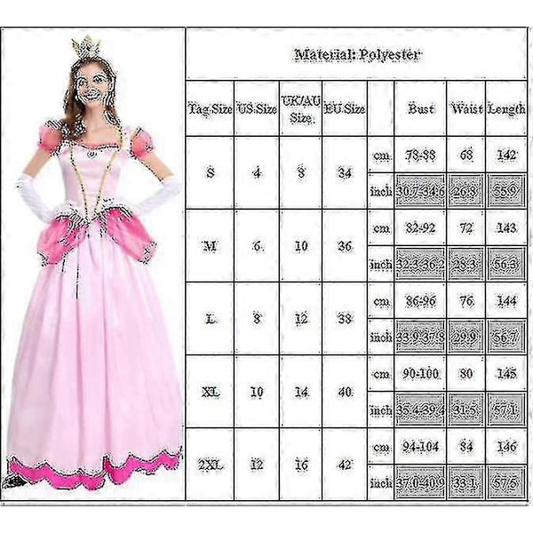 Super Mario Peach Cosplay Kostym för Kvinnor Rosa Prinsessklänning + Handskar + Huvudbonad Set Karnevalsfest L
