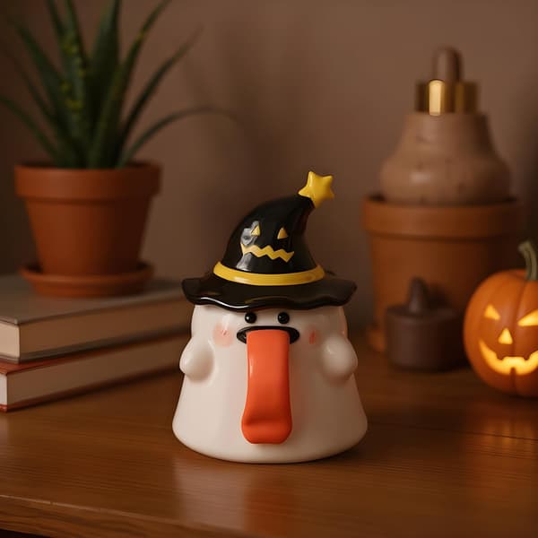 Halloween Spökmugg 450ml Keramisk Kaffekopp med Lock, Svart, Rolig