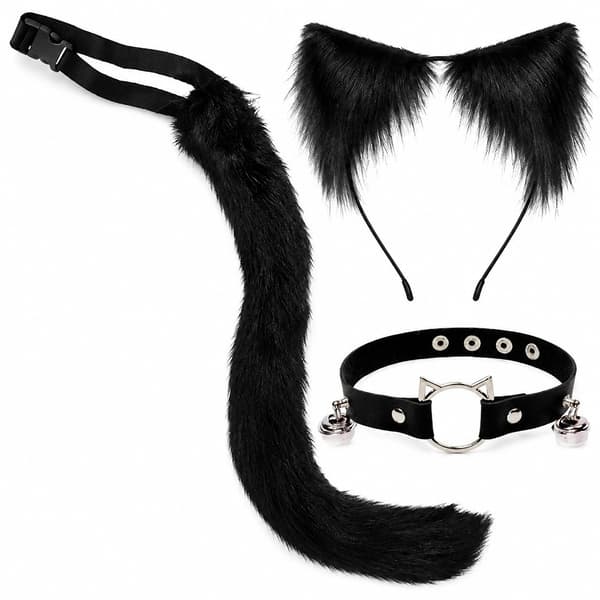 Therian Cosplay Sæt - Hale, Ører & Choker - 3-Dele - Sort Black