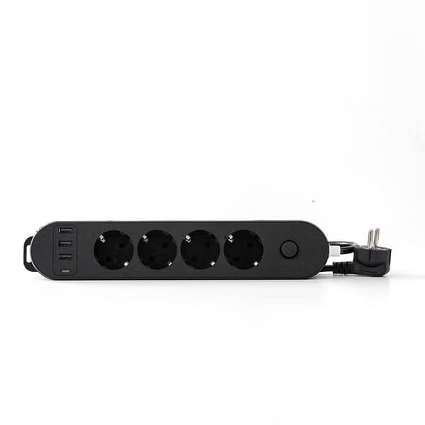 4-stikdåse 16 A med 3 USB-A og 1 USB-C PD 20 W port, afbryder og 2 m kabel, sort