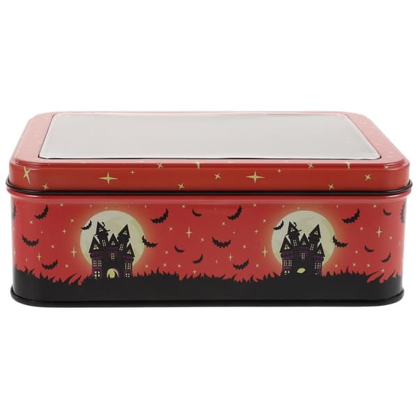 Halloween-godisask, rektangulär i metall med lock, röd, 18,5x13,2x6,6 cm, förvaring