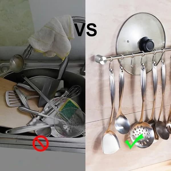 Köksskena i rostfritt stål, 40 cm, 7 krokar, silver, väggmonterad organiserare