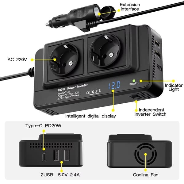 200W Bilstrømomformer 12V til 110V 220V med EU-stik 220V MT-8300 EU Plug