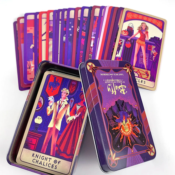 Lila Buffy the Vampire Slayer Tarotkortlek I En Plåtlåda Metallåda Med Pappersguidebok Guldpläterade Kanter Inbunden Utgåva