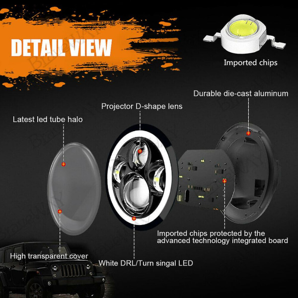 Par 7" LED-strålkastare Halo E Marked Rhd för Land Rover Defender