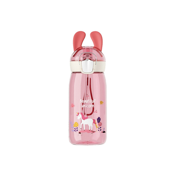 400ml/550ml vattenflaska Anti-läckage One Click Open Plast Cartoon Animal Halmflaska för skolrosa