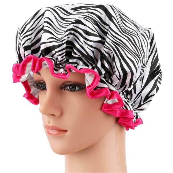 Satin Vandtæt Dobbeltlags Mode Print Badehat Badeværelse Brusehat Dame Brusehat White Zebra