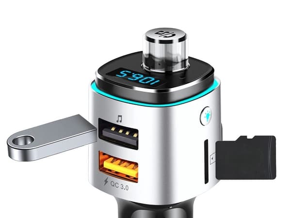 Bluetooth FM-sender for bil, 2 USB-hurtigladere med LED-lys, håndfrie samtaler