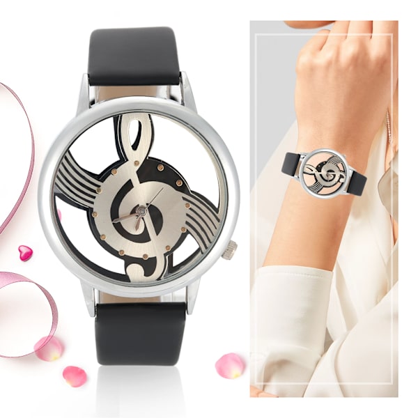 Quartz Analog Parur Rundt Hul Musikalsk Note Urskive PU Rem Armbåndsur (Sort Rem)