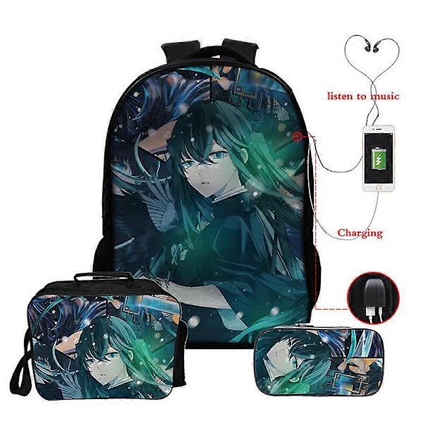 Anime Demon Slayer Muichiro Tokito Reppu Teini-ikäisille Pojille Tytöille Koululaukut Manga Reppu Usb 3kpl/settiä 16 Tuuman Kannettavan Tietokoneen Reput 0muichiro177
