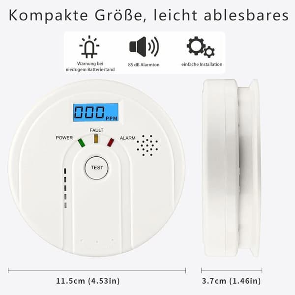 85 dB kolmonoxiddetektor med LCD-display, EN 50291, batteridriven, 3 AA-batterier ingår ej