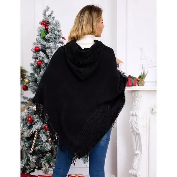 Heklet poncho-cape med hette for kvinner, svart, varm vinter og høst, én størrelse