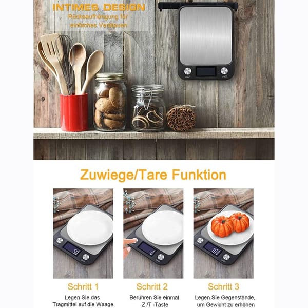 Genopladelig Digital Køkkenvægt 5kg/0.1g, Rustfrit Stål, LCD-Display