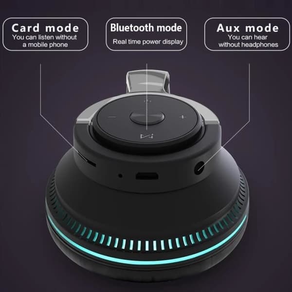 Trådløse Bluetooth 5.1 hovedtelefoner, farvede LED-lys, sammenklappelige over-ear hovedtelefoner, -Sort