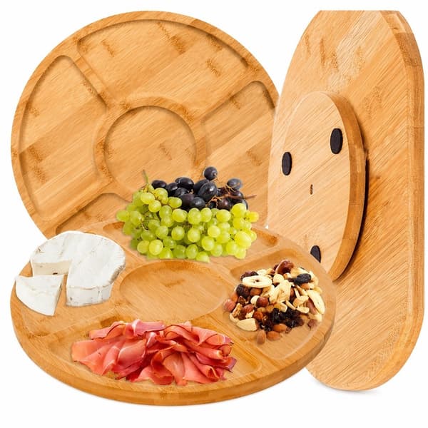 Roterande serveringsbricka i bambu, 5 fack, tyst snurrfunktion, festfat för snacks