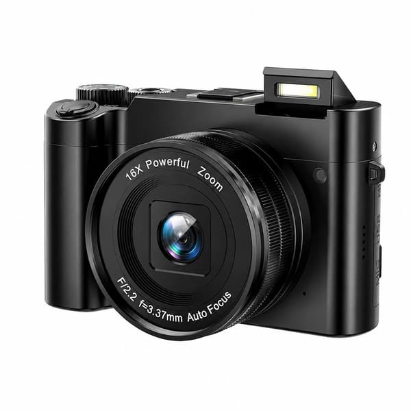 4K 64MP digitalkamera med front- og bagkamera, 32 GB hukommelseskort, sort