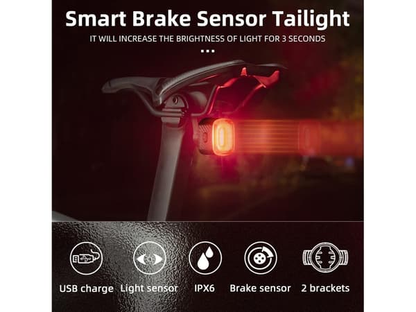 Smart baklykt til sykkel med bremsesensor. USB oppladbar, vanntett, egnet for nattbruk