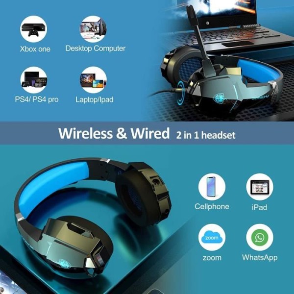 PS4-headset med tråd, trådbundet spelheadset med brusreducerande mikrofon, trådlöst LED-headset med Bluetooth (blått)