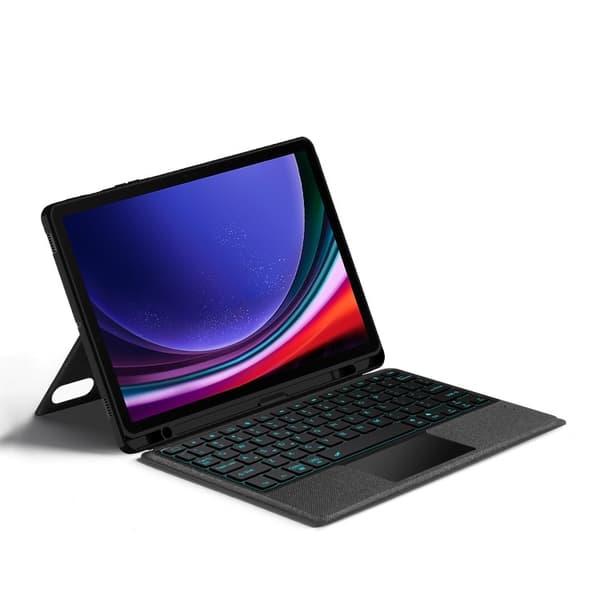 Bluetooth-tastaturcover til Samsung Galaxy Tab S9/S9 FE, læder, touchpad, baggrundsbelyst - 12,4 tommer