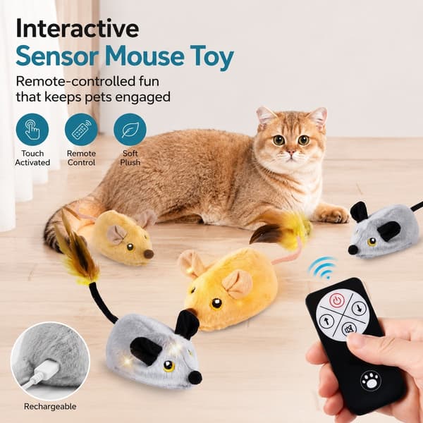 Genopladelig elektrisk kattelegetøjsmus, interaktiv sensor i plys, selvunderholdning, hvid Gray Remote Control Big Mouse