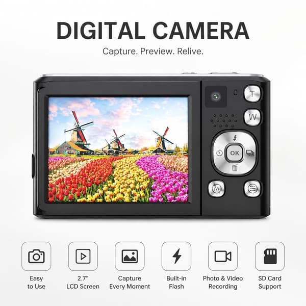 4K HD digitalkamera med front- og baglinse, stabilisering, sort Black